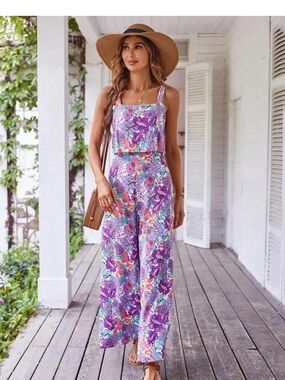Lavender Floral Square-Neck Wide-Leg Jumpsuit